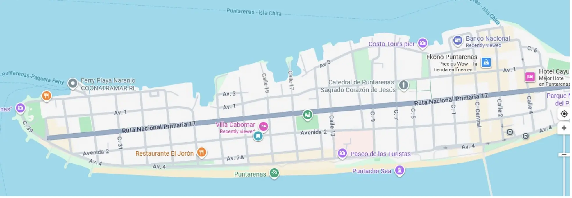 Villa Cabomar location map in Puntarenas, Costa Rica near Paseo de los Turistas and Puntarenas Beach